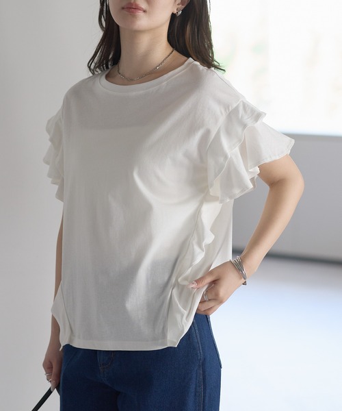 PREFERIR(プレフェリール)の「綿100%ダブルフレアスリーブTシャツ/二の腕カバー(Tシャツ/カットソー・レディース・ホワイト/ブラック/カーキ/ピンクベージュ・MEDIUM)」の5枚目の写真