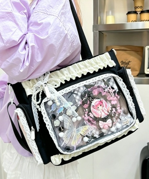 gossip!ロサンゼルス(ゴシップロサンゼルス)の「【Y2Kガーリー】フリルレース クリアポケット付き大容量痛バッグ 2WAYショルダー&トートバッグ(ショルダーバッグ・レディース・ブルー/イエロー/ピンク/ブラック・FREE)」の5枚目の写真
