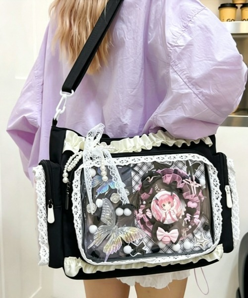 gossip!ロサンゼルス(ゴシップロサンゼルス)の「【Y2Kガーリー】フリルレース クリアポケット付き大容量痛バッグ 2WAYショルダー&トートバッグ(ショルダーバッグ・レディース・ブルー/イエロー/ピンク/ブラック・FREE)」の6枚目の写真