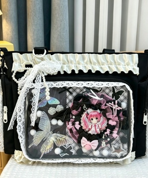 gossip!ロサンゼルス(ゴシップロサンゼルス)の「【Y2Kガーリー】フリルレース クリアポケット付き大容量痛バッグ 2WAYショルダー&トートバッグ(ショルダーバッグ・レディース・ブルー/イエロー/ピンク/ブラック・FREE)」の10枚目の写真