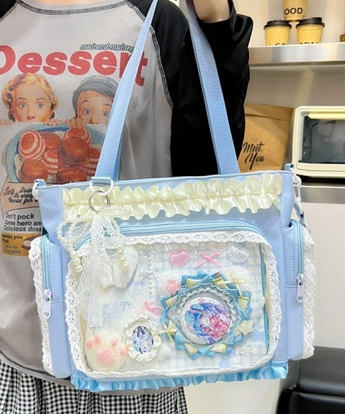 gossip!ロサンゼルス(ゴシップロサンゼルス)の「【Y2Kガーリー】フリルレース クリアポケット付き大容量痛バッグ 2WAYショルダー&トートバッグ(ショルダーバッグ・レディース・ブルー/イエロー/ピンク/ブラック・FREE)」の16枚目の写真