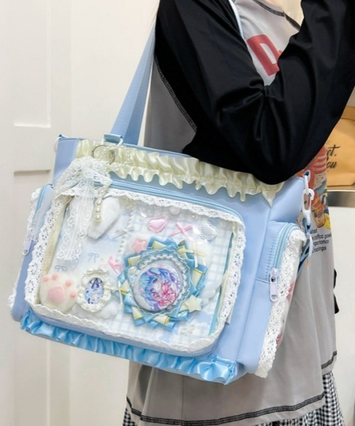 gossip!ロサンゼルス(ゴシップロサンゼルス)の「【Y2Kガーリー】フリルレース クリアポケット付き大容量痛バッグ 2WAYショルダー&トートバッグ(ショルダーバッグ・レディース・ブルー/イエロー/ピンク/ブラック・FREE)」の18枚目の写真