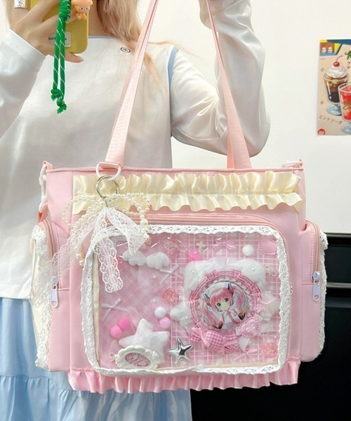 gossip!ロサンゼルス(ゴシップロサンゼルス)の「【Y2Kガーリー】フリルレース クリアポケット付き大容量痛バッグ 2WAYショルダー&トートバッグ(ショルダーバッグ・レディース・ブルー/イエロー/ピンク/ブラック・FREE)」の21枚目の写真