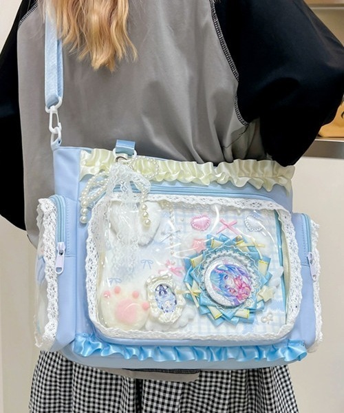 gossip!ロサンゼルス(ゴシップロサンゼルス)の「【Y2Kガーリー】フリルレース クリアポケット付き大容量痛バッグ 2WAYショルダー&トートバッグ(ショルダーバッグ・レディース・ブルー/イエロー/ピンク/ブラック・FREE)」の15枚目の写真