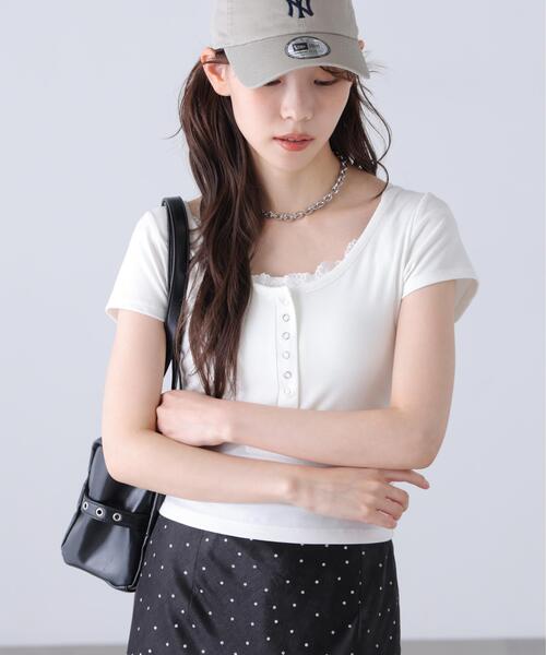 FREE'S MART(フリーズマート)の「◆キャミレイヤード風ヘンリーネックカットソー(Tシャツ/カットソー・レディース・ホワイト/ブラック・FREE)」の8枚目の写真