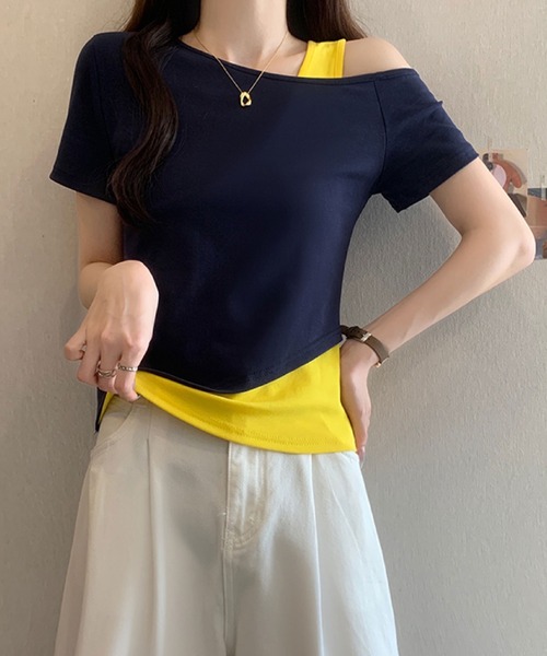 2ly2(トゥーリートゥー)の「レイヤード風 ワンショルダーデザインTシャツ(Tシャツ/カットソー・レディース・ネイビー/ブラック/グレー・FREE)」の3枚目の写真