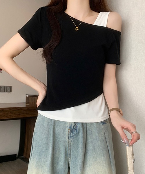 2ly2(トゥーリートゥー)の「レイヤード風 ワンショルダーデザインTシャツ(Tシャツ/カットソー・レディース・ネイビー/ブラック/グレー・FREE)」の5枚目の写真