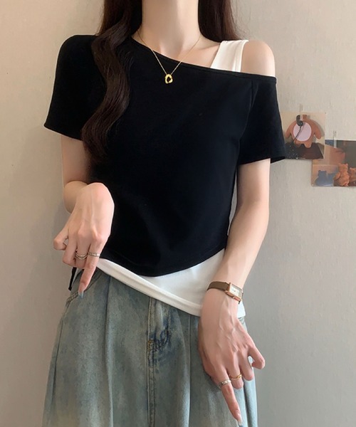 2ly2(トゥーリートゥー)の「レイヤード風 ワンショルダーデザインTシャツ(Tシャツ/カットソー・レディース・ネイビー/ブラック/グレー・FREE)」の9枚目の写真