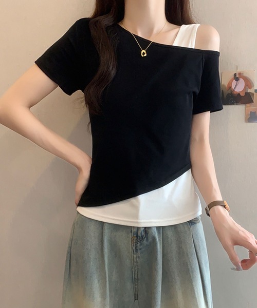 2ly2(トゥーリートゥー)の「レイヤード風 ワンショルダーデザインTシャツ(Tシャツ/カットソー・レディース・ネイビー/ブラック/グレー・FREE)」の10枚目の写真