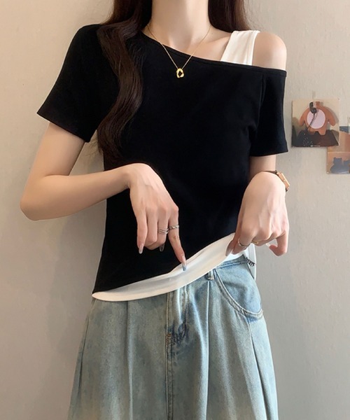 2ly2(トゥーリートゥー)の「レイヤード風 ワンショルダーデザインTシャツ(Tシャツ/カットソー・レディース・ネイビー/ブラック/グレー・FREE)」の11枚目の写真
