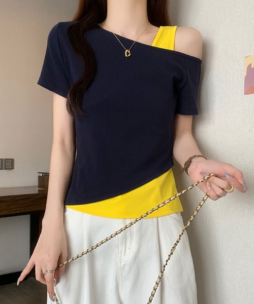 2ly2(トゥーリートゥー)の「レイヤード風 ワンショルダーデザインTシャツ(Tシャツ/カットソー・レディース・ネイビー/ブラック/グレー・FREE)」の17枚目の写真