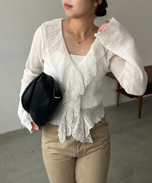 CAPRICIEUX LE'MAGE（カプリシューレマージュ）の「レースフリルカーディガン（Tシャツ/カットソー・レディース・ミント/ブラウン/ホワイト・FREE）」の2枚目の写真