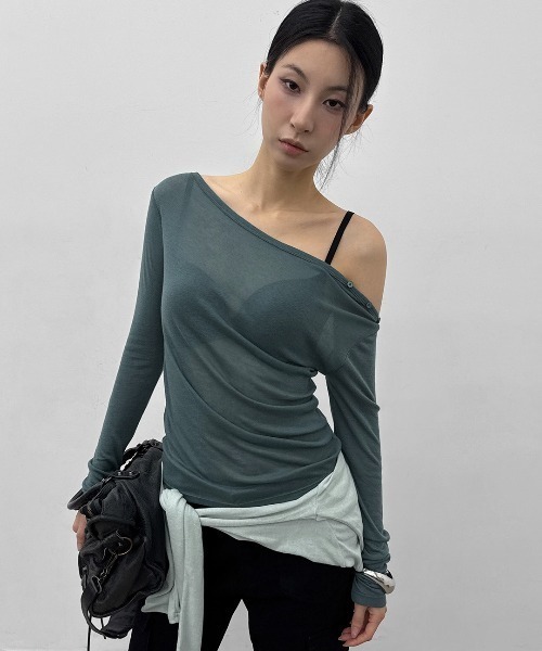 BLACKUP（ブラックアップ）の「[MADE] ケレンオフショルダーテンセル長袖Tシャツ（Tシャツ/カットソー・レディース・グレー/グレイッシュベージュ/ミント・FREE）」の3枚目の写真
