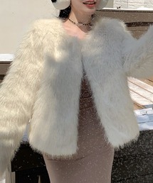 ノーカラーエコファーショートコート