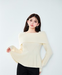【2026AW】オフショルダーニット 長袖 ワイドリブ襟 折り返しネック ボートネック 全体リブ編み ペプラム フレア裾 ウエストシェイプ フィット ロングスリーブ 細見え 体型カバー 上品 きれいめ フェミニン 秋 冬 トップス