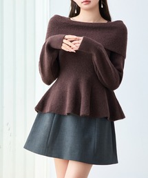 【2026AW】オフショルダーニット 長袖 ワイドリブ襟 折り返しネック ボートネック 全体リブ編み ペプラム フレア裾 ウエストシェイプ フィット ロングスリーブ 細見え 体型カバー 上品 きれいめ フェミニン 秋 冬 トップス