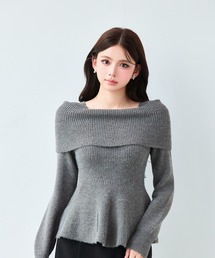 【2026AW】オフショルダーニット 長袖 ワイドリブ襟 折り返しネック ボートネック 全体リブ編み ペプラム フレア裾 ウエストシェイプ フィット ロングスリーブ 細見え 体型カバー 上品 きれいめ フェミニン 秋 冬 トップス