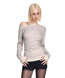 スリムフィット レイヤード オフショルダートップ [ライトグレー]_SEWTS039LGRAY