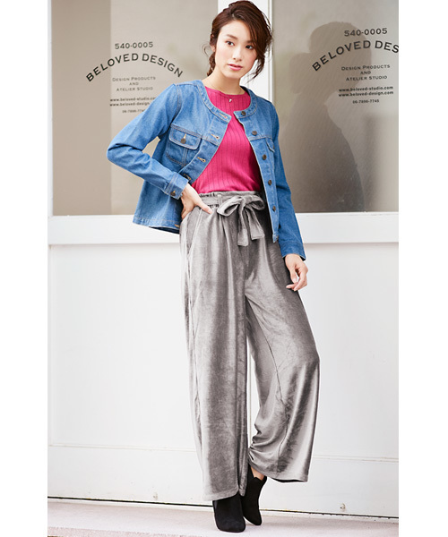 Pierrot（ピエロ）の「コーデュロイ風細コールベロア素材ウエストリボンワイドパンツ（その他パンツ・レディース・ブラック/ネイビー/ブラウン/グレー/グリーン/ボルドー・M/L）」の18枚目の写真