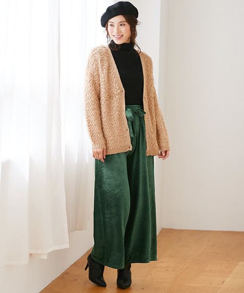 Pierrot（ピエロ）の「コーデュロイ風細コールベロア素材ウエストリボンワイドパンツ（その他パンツ・レディース・ブラック/ネイビー/ブラウン/グレー/グリーン/ボルドー・M/L）」の14枚目の写真