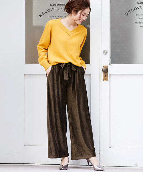 Pierrot（ピエロ）の「コーデュロイ風細コールベロア素材ウエストリボンワイドパンツ（その他パンツ・レディース・ブラック/ネイビー/ブラウン/グレー/グリーン/ボルドー・M/L）」の19枚目の写真