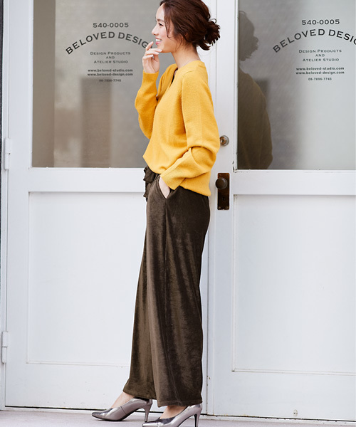 Pierrot（ピエロ）の「コーデュロイ風細コールベロア素材ウエストリボンワイドパンツ（その他パンツ・レディース・ブラック/ネイビー/ブラウン/グレー/グリーン/ボルドー・M/L）」の21枚目の写真