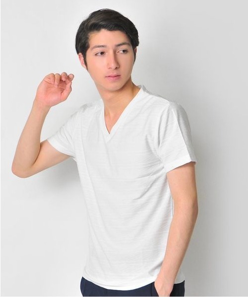 EVOLUTION(エボリューション)の「上質な大人のVネックTシャツ ジャガードボーダー(Tシャツ/カットソー・メンズ・ホワイト/ブラック/ライトグレー・LARGE/MEDIUM/X-LARGE)」の2枚目の写真