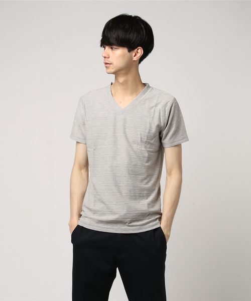 EVOLUTION(エボリューション)の「上質な大人のVネックTシャツ ジャガードボーダー(Tシャツ/カットソー・メンズ・ホワイト/ブラック/ライトグレー・LARGE/MEDIUM/X-LARGE)」の8枚目の写真