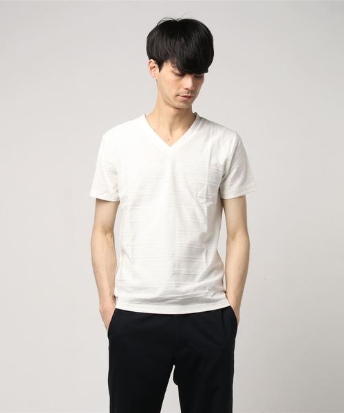 EVOLUTION(エボリューション)の「上質な大人のVネックTシャツ ジャガードボーダー(Tシャツ/カットソー・メンズ・ホワイト/ブラック/ライトグレー・LARGE/MEDIUM/X-LARGE)」の7枚目の写真