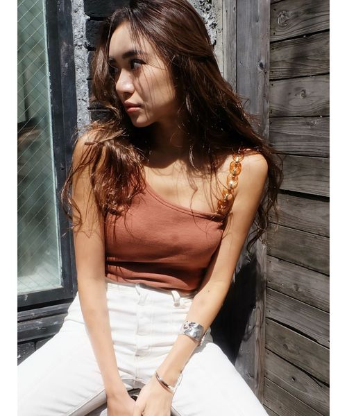 EVRIS（エヴリス）の「ワンショルダーサークルモチーフトップス（タンクトップ・レディース・ホワイト/ブラック/オレンジ/ブラウン・FREE）」の3枚目の写真