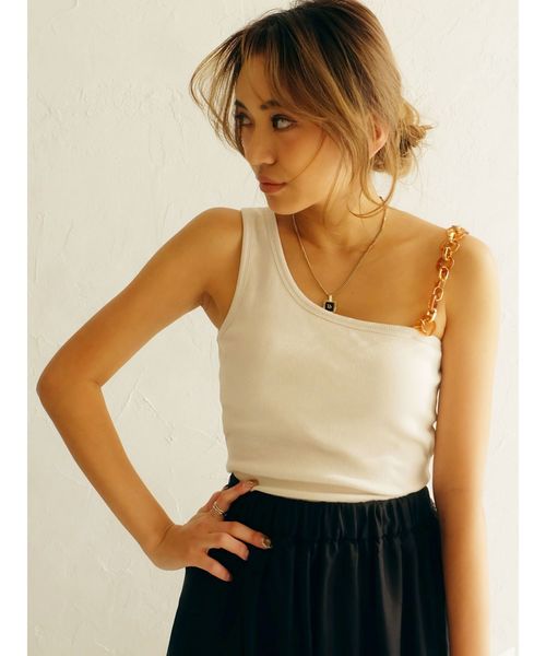 EVRIS（エヴリス）の「ワンショルダーサークルモチーフトップス（タンクトップ・レディース・ホワイト/ブラック/オレンジ/ブラウン・FREE）」の2枚目の写真