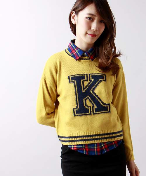 WEGO(ウィゴー)の「WEGO/ラインイニシャルニット(ニット/セーター・レディース・オフホワイト/ダークグリーン/ネイビー/ワイン/マスタード・FREE)」の4枚目の写真