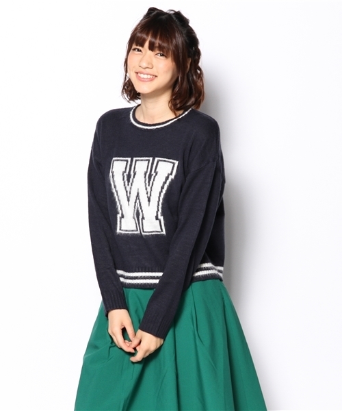 WEGO(ウィゴー)の「WEGO/ラインイニシャルニット(ニット/セーター・レディース・オフホワイト/ダークグリーン/ネイビー/ワイン/マスタード・FREE)」の8枚目の写真