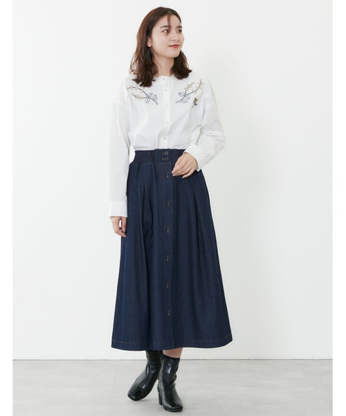 POU DOU DOU（プードゥドゥ）の「ウエストリブ使いタックスカート（スカート・レディース・インディゴブルー/イエロー/カーキ/キナリ・3）」の10枚目の写真