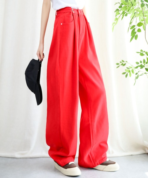 aimoha（アイモハ）の「2WAYデザインジーンズデニム深めのウエストタックハイウエストデニムパンツ（デニムパンツ・レディース・ホワイト/ネイビー/イエロー/ブルー/ピンク/ブラック/ライトブルー/スモークピンク/ブラウン/レッド/グリーン/ベージュ/パープル/ライトグリーン/ダークブルー/ダークグリーン/ダークグレー・X-SMALL/SMALL/MEDIUM/LARGE/X-LARGE）」の17枚目の写真