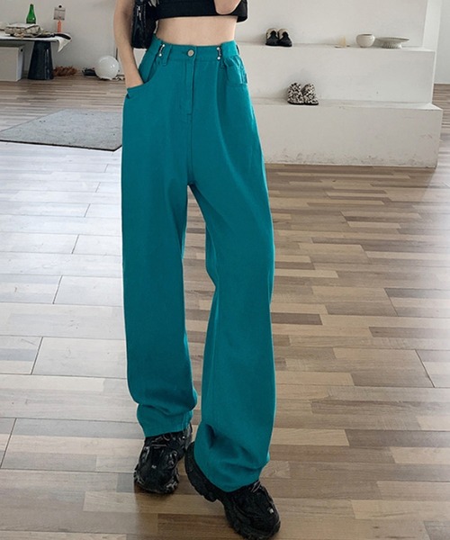 aimoha（アイモハ）の「2WAYデザインジーンズデニム深めのウエストタックハイウエストデニムパンツ（デニムパンツ・レディース・ホワイト/ネイビー/イエロー/ブルー/ピンク/ブラック/ライトブルー/スモークピンク/ブラウン/レッド/グリーン/ベージュ/パープル/ライトグリーン/ダークブルー/ダークグリーン/ダークグレー・X-SMALL/SMALL/MEDIUM/LARGE/X-LARGE）」の11枚目の写真