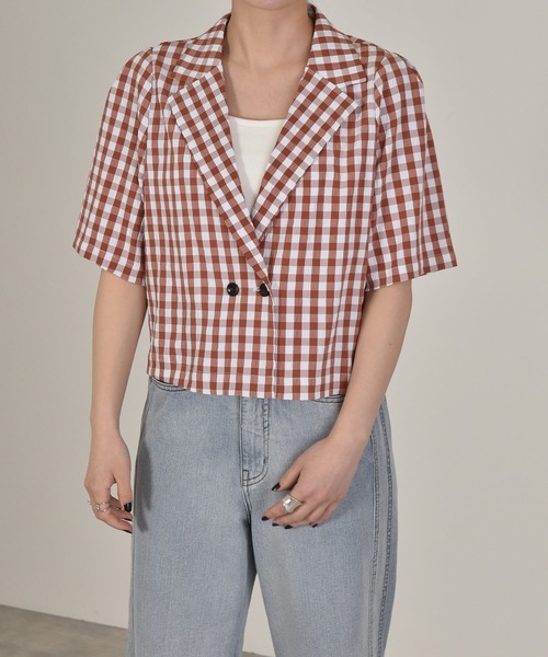 w closet（ダブルクローゼット）の「ギンガムショートジャケット（テーラードジャケット・レディース・レンガ/ブラック・FREE）」の17枚目の写真