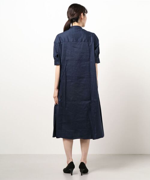 GALERIE VIE シルク100% 2023年 ロングシャツワンピース 紺色 セール】シルクツイル バンドカラーシャツワンピース（シャツ