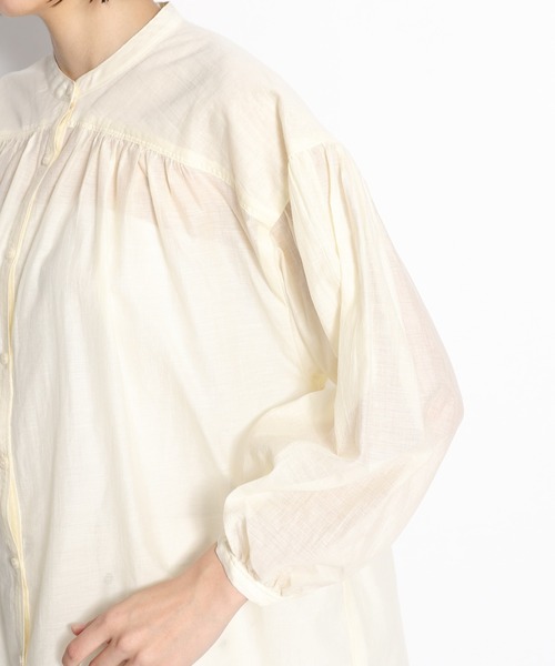 美品✨TICCA シアー シルク混 ストライプ ギャザー ブラウス オレンジ niko and（ニコアンド）の「シアーギャザーブラウス（シャツ