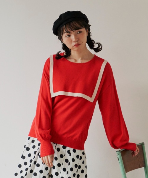 MERLOT(メルロー)の「カシミアタッチスクエアラインニット(ニット/セーター・レディース・ネイビー/レッド/ナチュラル・FREE)」の3枚目の写真