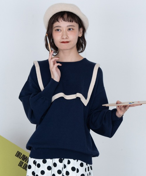 MERLOT(メルロー)の「カシミアタッチスクエアラインニット(ニット/セーター・レディース・ネイビー/レッド/ナチュラル・FREE)」の13枚目の写真