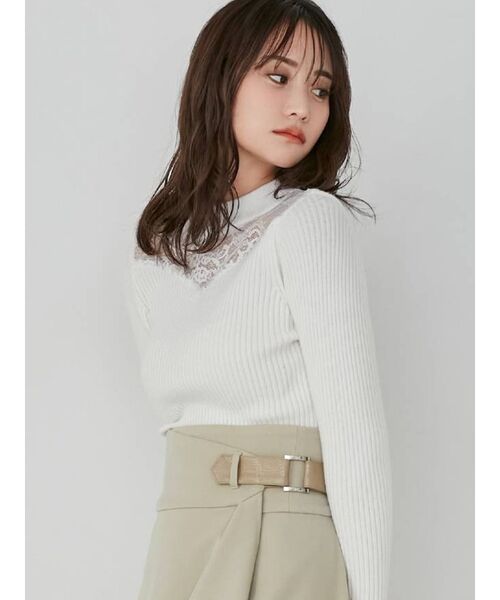 RESEXXY（リゼクシー）の「レースデザインニットトップス（ニット/セーター・レディース・ホワイト/ブラック/ベージュ・FREE）」の2枚目の写真