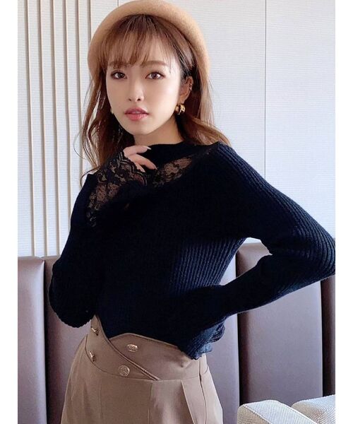 RESEXXY（リゼクシー）の「レースデザインニットトップス（ニット/セーター・レディース・ホワイト/ブラック/ベージュ・FREE）」の3枚目の写真