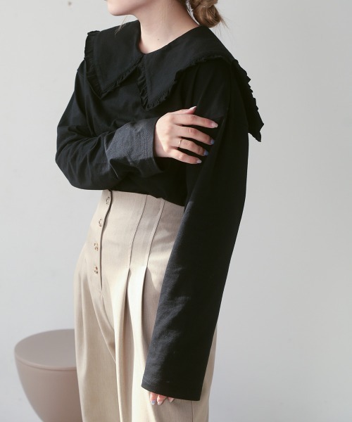 Bab（バブ）の「フリルビックカラーカットソー（Tシャツ/カットソー・レディース・ブラック/オフホワイト・M）」の2枚目の写真