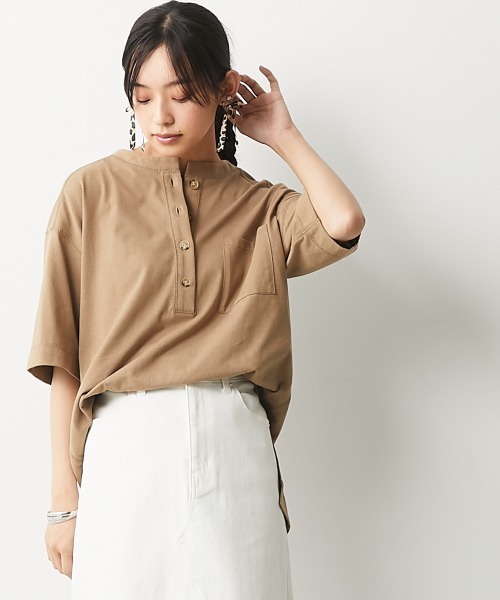 CHIC STYLE（シックスタイル）の「＜大きいサイズ＞綿100％ヘンリーネックカットソートップス シックスタイル（Tシャツ/カットソー・レディース・ベージュ/ブラウン・8/3/4/5/7/2/6）」の4枚目の写真