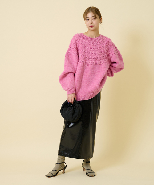 ビュルデサボン★ネパールハンドニット袖太ショートニットピンク ビュルデサボン☆ネパールハンドニット袖太ショートニットピンク