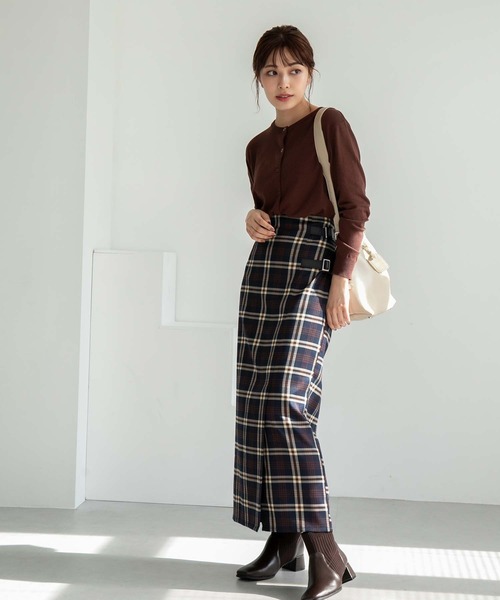 Edit Sheen(エディットシーン)の「サイドベルトチェックロングスカート(スカート・レディース・ベージュ/ネイビー・M)」の4枚目の写真