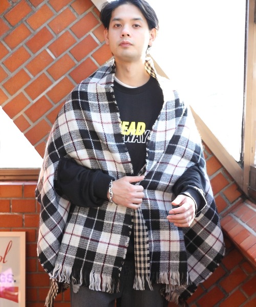 ８(eight)（エイト）の「チェック柄ポンチョ（ポンチョ・メンズ・イエロー/ベージュ/ブラック/ブルー・FREE）」の5枚目の写真