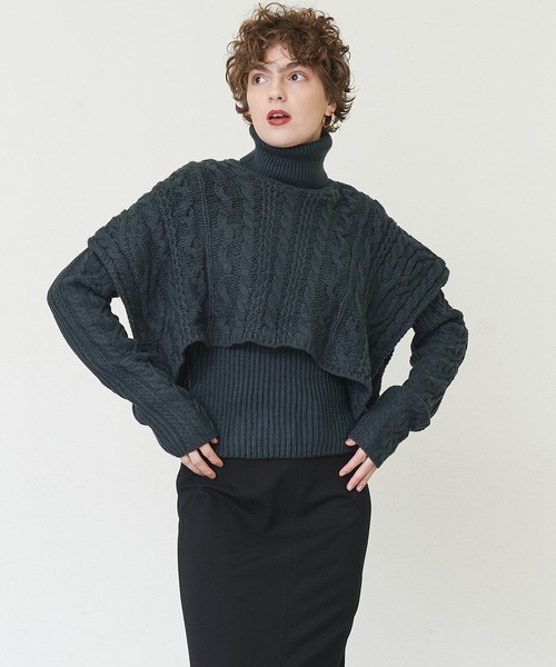 casane（カサネ）の「ケーブルレイヤードニット（ニット/セーター・レディース・ダークグリーン/ブラック・FREE）」の13枚目の写真