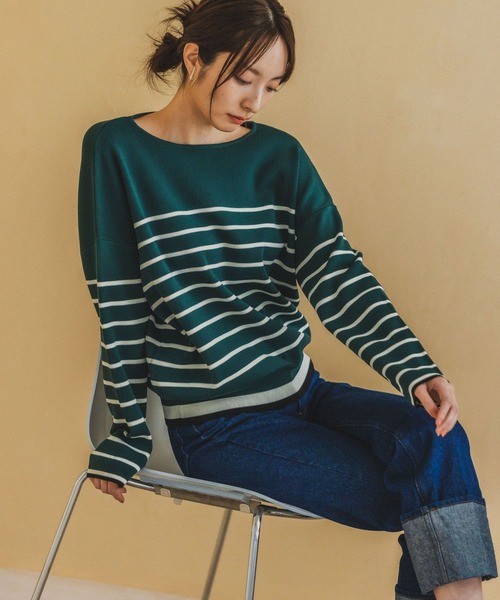Andemiu(アンデミュウ)の「【WEB限定】ハイショクボーダーニット185622(ニット/セーター・レディース・オフホワイト/グリーン/ピンク/ネイビー・FREE)」の7枚目の写真